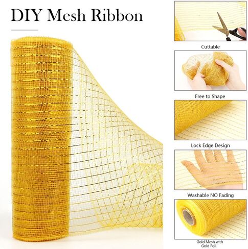 شريط شبكي لعيد الميلاد، شريط شبكي من أكاليل الربيع مقاس 10 بوصة × 30 قدمًا، ذهبي مع رقائق ذهبية بسلك واسع ديكو شبكي لفات الشريط من أجل أكاليل الحرف اليدوية DIY إكليل الزفاف لوازم حفلات تزيين شجرة عيد الميلاد in Kuwait