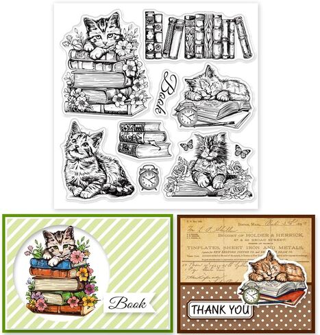 GLOBLELAND Cat Book Clear Stamps for DIY Scrapbooking Flowers Cat Silicone Stamp Seals Transparent Stamps for Cards Making Photo Album Journal Home Decoration 5.91×5.91inch in Saudi Arabia