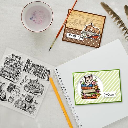 GLOBLELAND Cat Book Clear Stamps for DIY Scrapbooking Flowers Cat Silicone Stamp Seals Transparent Stamps for Cards Making Photo Album Journal Home Decoration 5.91×5.91inch in Saudi Arabia