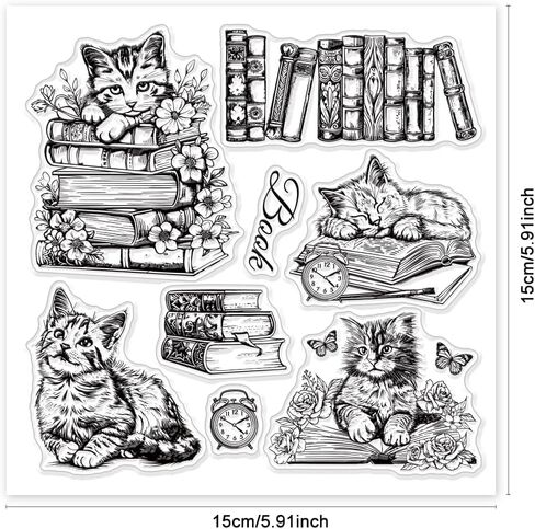 GLOBLELAND Cat Book Clear Stamps for DIY Scrapbooking Flowers Cat Silicone Stamp Seals Transparent Stamps for Cards Making Photo Album Journal Home Decoration 5.91×5.91inch in Saudi Arabia