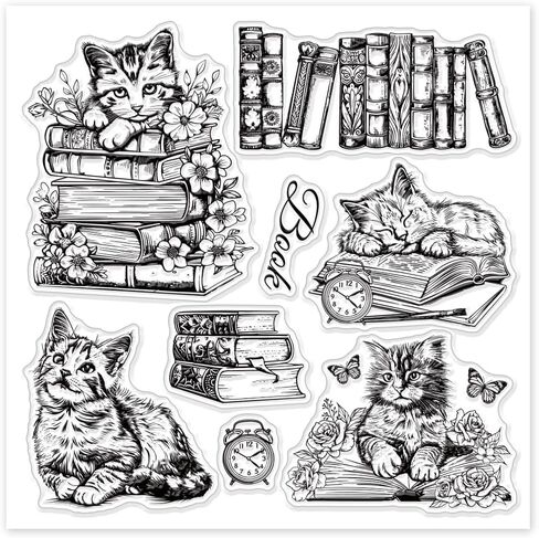 GLOBLELAND Cat Book Clear Stamps for DIY Scrapbooking Flowers Cat Silicone Stamp Seals Transparent Stamps for Cards Making Photo Album Journal Home Decoration 5.91×5.91inch in Saudi Arabia