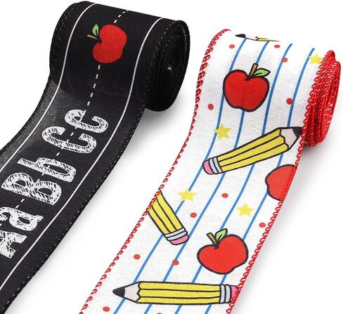 Hying 2 Rolls Back to School Ribbons for Wreath Bows, 2.5"×10 Yards Wired Edge Ribbons Black Burlap Ribbon Apples ABC Craft Ribbons for Gift Wrapping Preschool Classroom Decorations Supplies in Kuwait