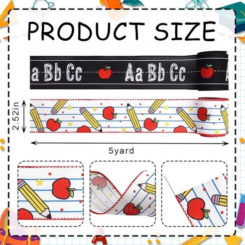 Hying 2 Rolls Back to School Ribbons for Wreath Bows, 2.5"×10 Yards Wired Edge Ribbons Black Burlap Ribbon Apples ABC Craft Ribbons for Gift Wrapping Preschool Classroom Decorations Supplies in Kuwait