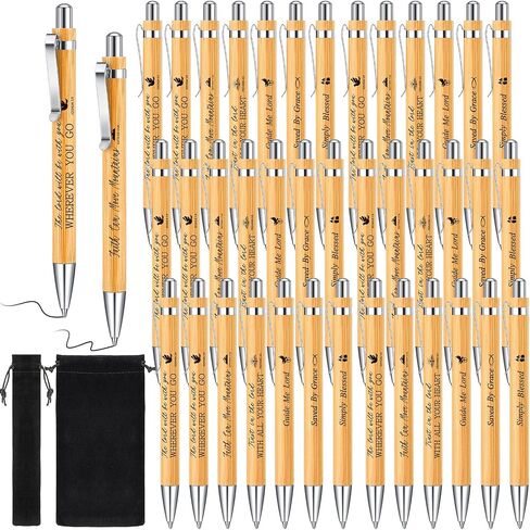 Roowest 60 Pcs Bible Verse Ballpoint Pen Bamboo Retractable Christian Pens Inspirational Scripture Ballpoint with Black Ink, Velvet Bags Easter Pens Religious Gifts for Easter Pastor Office Supply in Kuwait