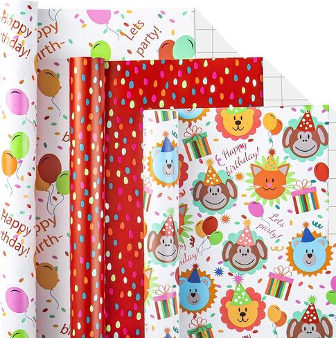 MAYPLUSS Birthday Gift Wrapping Paper for Girl - 17 x 120Inch Per Roll(3 Mini Roll) - Creative Pink Girly Birthday Party Hat, Balloon & Stripe Gift Wrap for Kids Birthday Baby Shower Party Holiday in Saudi Arabia