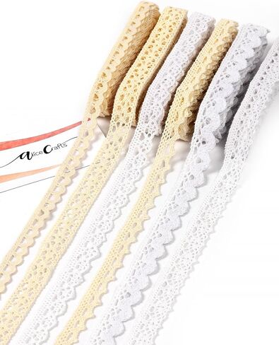 1.5 إلى 1.75 بوصة × 20 ياردة شريط دانتيل من القطن باللون البيج للخياطة وتغليف الهدايا من Alice Crafts | 4 لفات × 5 ياردات لكل منها، مجموعة من 4 أنماط متنوعة in Kuwait