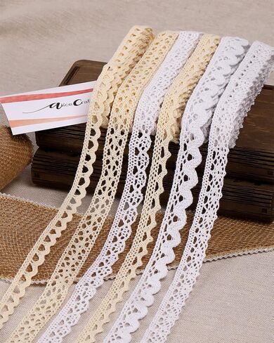 1.5 إلى 1.75 بوصة × 20 ياردة شريط دانتيل من القطن باللون البيج للخياطة وتغليف الهدايا من Alice Crafts | 4 لفات × 5 ياردات لكل منها، مجموعة من 4 أنماط متنوعة in Kuwait