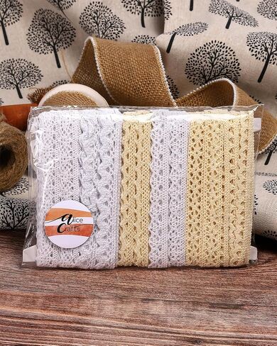 1.5 إلى 1.75 بوصة × 20 ياردة شريط دانتيل من القطن باللون البيج للخياطة وتغليف الهدايا من Alice Crafts | 4 لفات × 5 ياردات لكل منها، مجموعة من 4 أنماط متنوعة in Kuwait