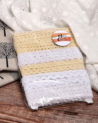 1.5 إلى 1.75 بوصة × 20 ياردة شريط دانتيل من القطن باللون البيج للخياطة وتغليف الهدايا من Alice Crafts | 4 لفات × 5 ياردات لكل منها، مجموعة من 4 أنماط متنوعة in Kuwait