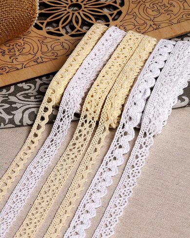 1.5 إلى 1.75 بوصة × 20 ياردة شريط دانتيل من القطن باللون البيج للخياطة وتغليف الهدايا من Alice Crafts | 4 لفات × 5 ياردات لكل منها، مجموعة من 4 أنماط متنوعة in Kuwait