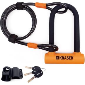 KRASER KR65145N U Lock مضاد للسرقة دراجة قفل كابل دراجة قفل كابل فولاذي مضفر 120 سم ودعم، Ulock عالي الأمان، أسود وبرتقالي، عالمي in Kuwait