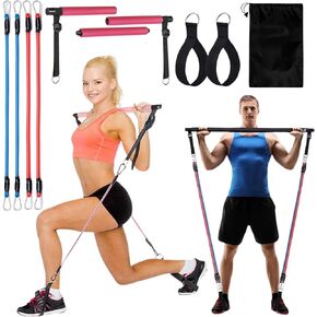 Pilates Bar Kit Perfect for Home Office Gym Workout - 4Pcs Resistance Bands 3Pcs Adjustable Sticks 2Pcs Feet Straps & Carry Bag for Women & Men Full Body Exercise Shaping Fitness Yoga (10Pcs Set)