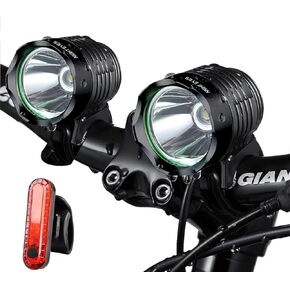 Night Eyes-2400 Lumens(1200LMx2) Mountain Bike Headlight Bike Light -Rechargeable 8.4V ABS Waterproof Battey Pack-Free USB BikeTaillight Bonus -NO Tool Required