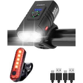 مجموعة مصابيح الدراجة LED القابلة لإعادة الشحن عبر USB من tmelam، أمامي وخلفي، مصباح أمامي للدراجة من الألومنيوم LED، مصباح رأس الدراجة، مصباح خلفي أمامي لركوب الدراجات، مقاوم للماء، بنك الطاقة وحامل الهاتف، 1200LM-1600LM