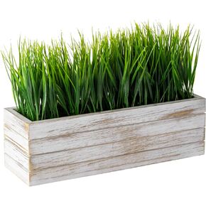 MyGift 14 Inch Artificial Green Grass Plant in Shabby White Washed Wood Planter Window Box - Faux Greenery in Rectangular Crate Style Wooden Container