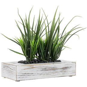 MyGift 9.5 Inch Artificial Green Grass Plants in Shabby White Washed Weathered Solid Wood Planter Pot, Faux Greenery in Rectangular Container for Tabletop Centerpiece Décor