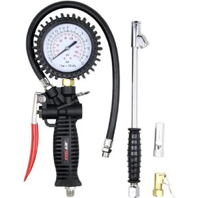 EXELAIR EX536KIT 3-in-1 Professional Analog Pistol Grip Tire Inflator/Deflator Gauge Kit - 16" Hose, Easy-Clip Chuck, Dual Foot Chuck, and Bonus Venturi Tip - 175 PSI
