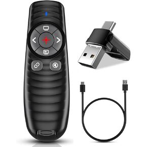 2-in-1 USB Type-C Presentation Clicker Wireless Presenter Remote Clicker, Rechargeable Powerpoint Clicker, Clicker for Powerpoint Presentations with Volume Control, Presentation Clicker for Computer