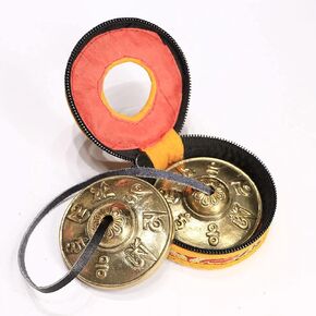 Tibetan Tingsha Cymbals Yoga Meditation Chime Bells with Tibetan Zipper Bag for Music Kit Percussion Instrument - OM Mane Padme Hum Symbols Embossed