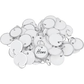 Uniclife 50 Pcs Key Tags 1 Inch White Paper Labels Writable Round Plastic Key Chain Tags with Split Rings Sturdy Lightweight Item Identifiers