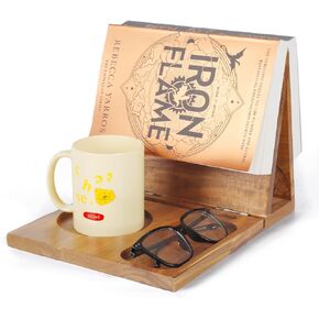 Wooden Book Stand for Reading Rest, Acacia Triangle Book Holder with Cup, Glasses, Pen & Phone Holder, Book Nook Reading Valet for Book Lover Gifts