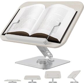 Book Stand for Reading, 360° Rotate & Multi Heights Adjustable Book Holder,Foldable Cookbook Book Stands with Elastic Page Clips for Sheet Music, Recipe, Laptop, Textbook (Light Wood)