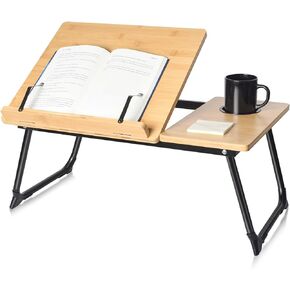 wishacc Book Stand for Reading in Bed, Bamboo Laptop Stand Adjustable Book Holder Tray with Page Paper Clips Multi Angles Adjustable Cooking Bookstands for Textbook Recipe Magazine Tablet Portable