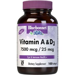 Bluebonnet Nutrition Vitamin A & D3 25,000 IU/1,000 IU from Deep Sea, Cold Water, Fish Oil - For Eye Health & Immune Function* - Gluten Free - Dairy Free - Molecularly Distilled - 100 Softgel/Servings