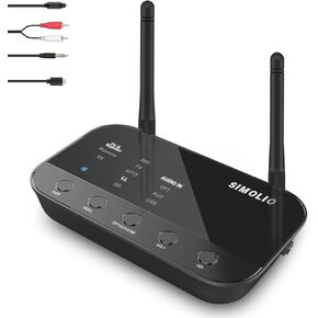SIMOLIO Bluetooth Transmitter Receiver for TV Home Stereo, aptX Low Latency & HD Long Range Bluetooth Audio Adapter for 2 Wireless Headphones, Bypass to Soundbar, Optical RCA AUX 3.5mm Inputs/Outputs