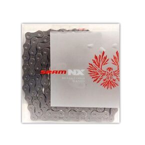 سلسلة SRAM NX Eagle ذات 12 سرعة و126 رابطًا باللون الرمادي مع ملصق، يتضمن Powerlock