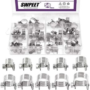 Swpeet 50 قطعة 10 أحجام 304 الفولاذ المقاوم للصدأ خط حقن الوقود الصغير نمط خرطوم المشبك مجموعة متنوعة مثالية للسيارات والزراعة والنباتات والبناء in Kuwait