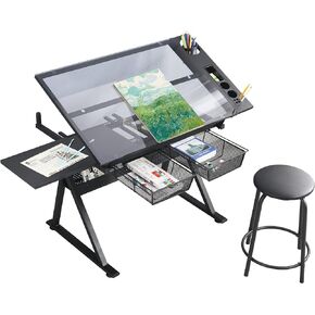 LifeSky Adjustable Glass Drafting Table - Height Adjustable Temped Glass Artists Drawing Table with Storage - Art Craft Desk Workstation for Adults