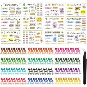4 Sheets Aesthetic Monthly Planner Stickers Calendar Stickers Planner Accessories and 12 Sheets Round Dates Sticker Colorful Date Numbers Stickers for Calendars and Planners with Elbow Tweezer