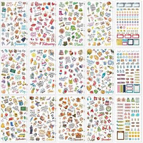 Perkoop 30 Sheets 1500+ Pieces Monthly Planner Stickers Vintage Seasonal Decals Pack Holiday Calendar Stickers Planner Accessories Daily Journal Decals for Journaling Scrapbook Budget, 15 Styles