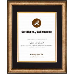 Golden State Art, 11x14 Vintage Antique Style Gold Document Frame for 8.5x11 Diploma/Certificate, Sawtooth Hangers for Wall Mounting with Real Glass, Black Trim (Black/Gold Double Mat, 2-Pack)