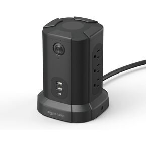 Amazon Basics Power Strip Tower Surge Protector 1080J, 9 Outlet, USB-C, 2 USB-A Port, 15A, 6ft Cord, Black