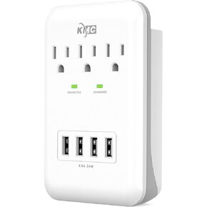 KMC 3-Outlet Wall Mount Surge Protector, 900 Joules, 4 USB 4.8 AMP USB Charging Ports, Phone Holder Cradle for Home, School or Office, ETL Certified
