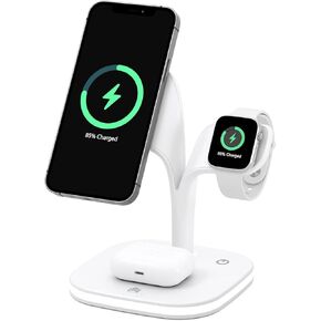 5 x1 Magnetic Wireless Fast Charging Station Compatible with iPhone 15/14/13/12 Series, Compatible with iwatch 1-9/Ultra, Compatible with Airpods Pro with LED and Adapter (White) in Kuwait