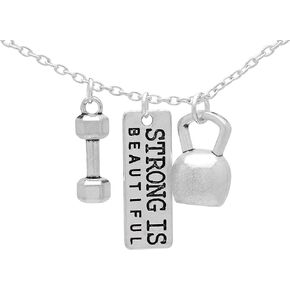 Art Attack Strong Is Beautiful Workout Gym Chain Necklace, Barbell Dumbbell Weight Exercise Victorious Brave Smart Wonderful Pendant Charm (Silver)