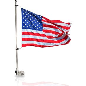 MARINE CITY 304 Grade Stainless Steel Flag Pole Base 21 Inches Bright Polished Attractive Finish Rail Mounted Flag Rod and 12 x 18 Inches US Flag for Marines – Boats – Yachts – Ships – RVs (Pack of 1)