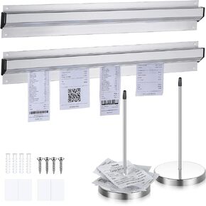 Photect 4 Pcs Ticket Holder for Restaurant Set Including 2 Stainless Steel Receipt Holder Spike Ticket Stabber and 2 Aluminum Slide Rack Rail for Restaurant Cafes Kitchen(Silver, 17.7 x 2.3 Inch)