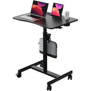 Mobile Standing Desk, 28 inch Rolling Standing Laptop Desk with Cup Holder, Mobile Desk Workstation with Wheels, Portable Computer Desk Cart with Hook for Home Office, White