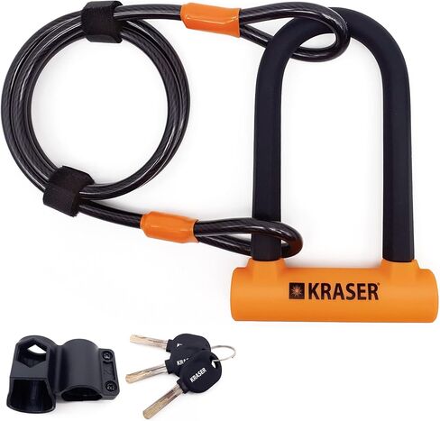 KRASER KR65145N U Lock مضاد للسرقة دراجة قفل كابل دراجة قفل كابل فولاذي مضفر 120 سم ودعم، Ulock عالي الأمان، أسود وبرتقالي، عالمي in Kuwait