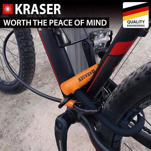 KRASER KR65145N U Lock مضاد للسرقة دراجة قفل كابل دراجة قفل كابل فولاذي مضفر 120 سم ودعم، Ulock عالي الأمان، أسود وبرتقالي، عالمي in Kuwait