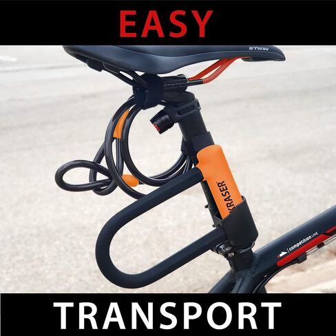 KRASER KR65145N U Lock مضاد للسرقة دراجة قفل كابل دراجة قفل كابل فولاذي مضفر 120 سم ودعم، Ulock عالي الأمان، أسود وبرتقالي، عالمي in Kuwait