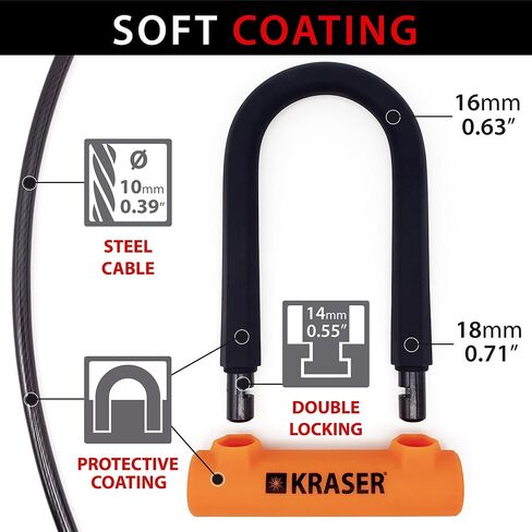 KRASER KR65145N U Lock مضاد للسرقة دراجة قفل كابل دراجة قفل كابل فولاذي مضفر 120 سم ودعم، Ulock عالي الأمان، أسود وبرتقالي، عالمي in Kuwait