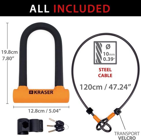 KRASER KR65145N U Lock مضاد للسرقة دراجة قفل كابل دراجة قفل كابل فولاذي مضفر 120 سم ودعم، Ulock عالي الأمان، أسود وبرتقالي، عالمي in Kuwait