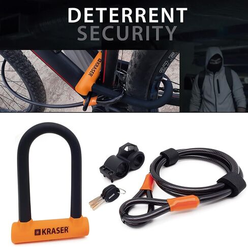 KRASER KR65145N U Lock مضاد للسرقة دراجة قفل كابل دراجة قفل كابل فولاذي مضفر 120 سم ودعم، Ulock عالي الأمان، أسود وبرتقالي، عالمي in Kuwait