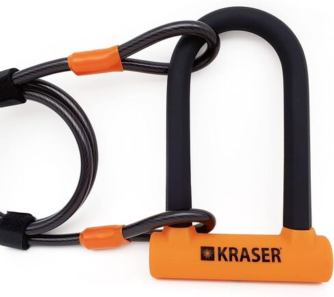 KRASER KR65145N U Lock مضاد للسرقة دراجة قفل كابل دراجة قفل كابل فولاذي مضفر 120 سم ودعم، Ulock عالي الأمان، أسود وبرتقالي، عالمي in Kuwait