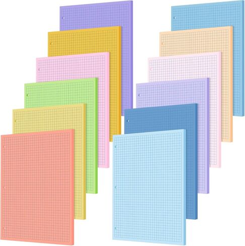 Chuangdi 12 Pack 8-1/2" x 11" Colored Loose Leaf Paper 600 Sheets A4 Grid Filler Paper 4 x 4 Graph Rule 3 Hole Punched Filler Paper 50 Sheets/Pad for 3 Ring Binders for School Office Supplies in Saudi Arabia